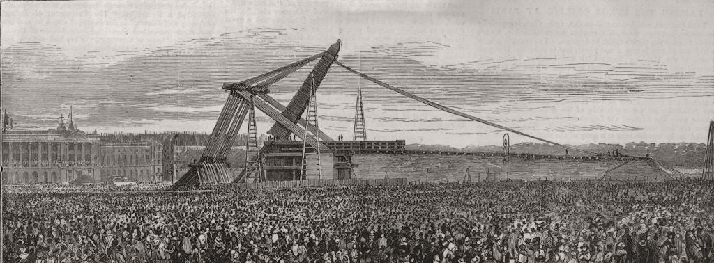 PARIS. Cleopatra's needle. Raising Obelisk of Luxor. Place de La Concorde 1877